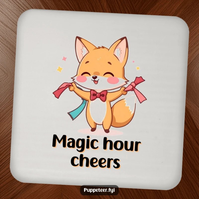 Funny coaster featuring a bowtie-wearing fox performing a magic trick with scarves, adding whimsical decor to any surface.