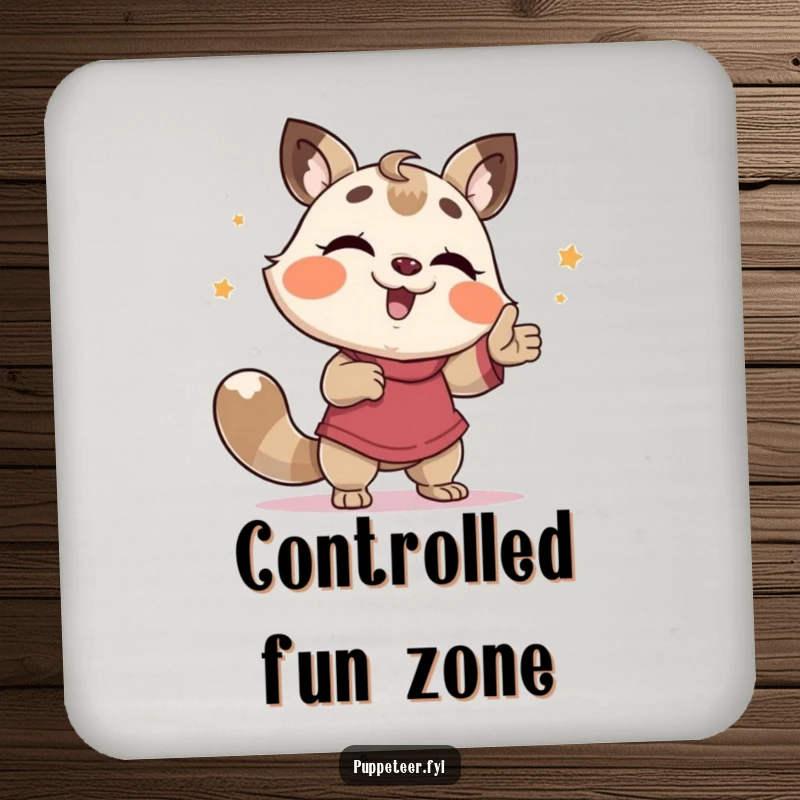 Funny Coaster: A giggling animal puppeteer leads a puppet in a comically awkward and funny dance, preventing drink rings.