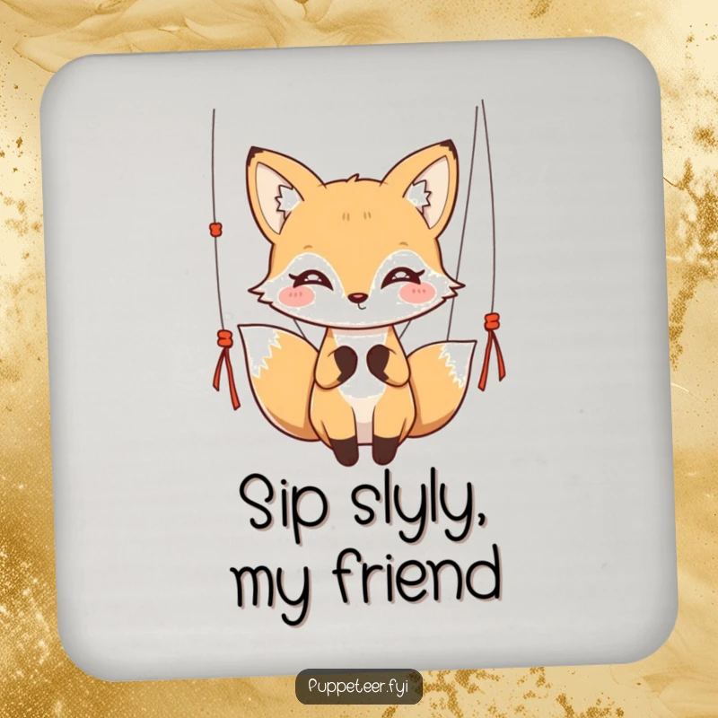 Funny kawaii fox with twinkling eyes gracefully holding puppet strings on a drink coaster, ideal for a funny gift.