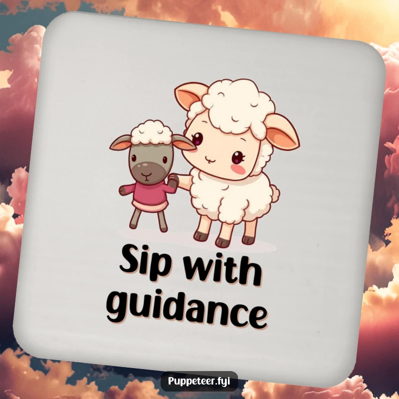 Funny coaster with a gentle kawaii sheep guiding a puppet, adding kindness and surface protection.