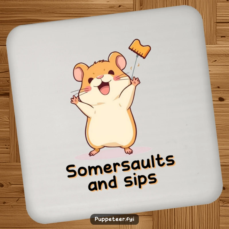 Funny coaster art of a happy hamster making a hamster puppet do a somersault, adding humor to surfaces.