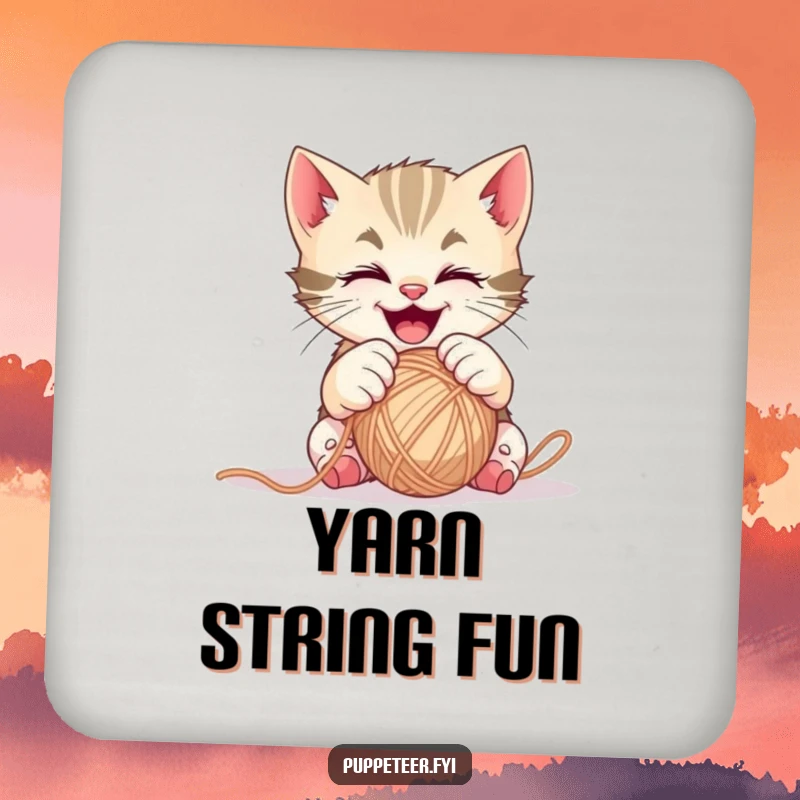 Funny mischievous kitten coasters with gleeful paws controlling a ball of yarn, stylish protection for tabletops.