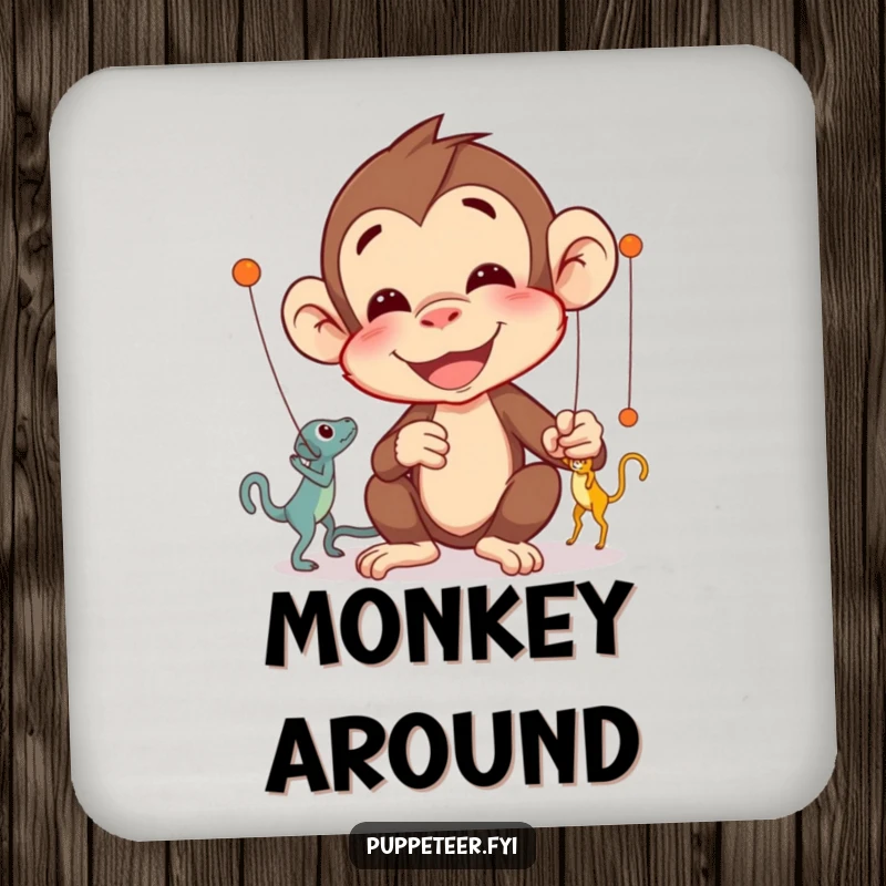 Funny Monkey Puppet Master Coaster featuring a delighted monkey concentrating on intricate puppet movements, a humorous tabletop gift.