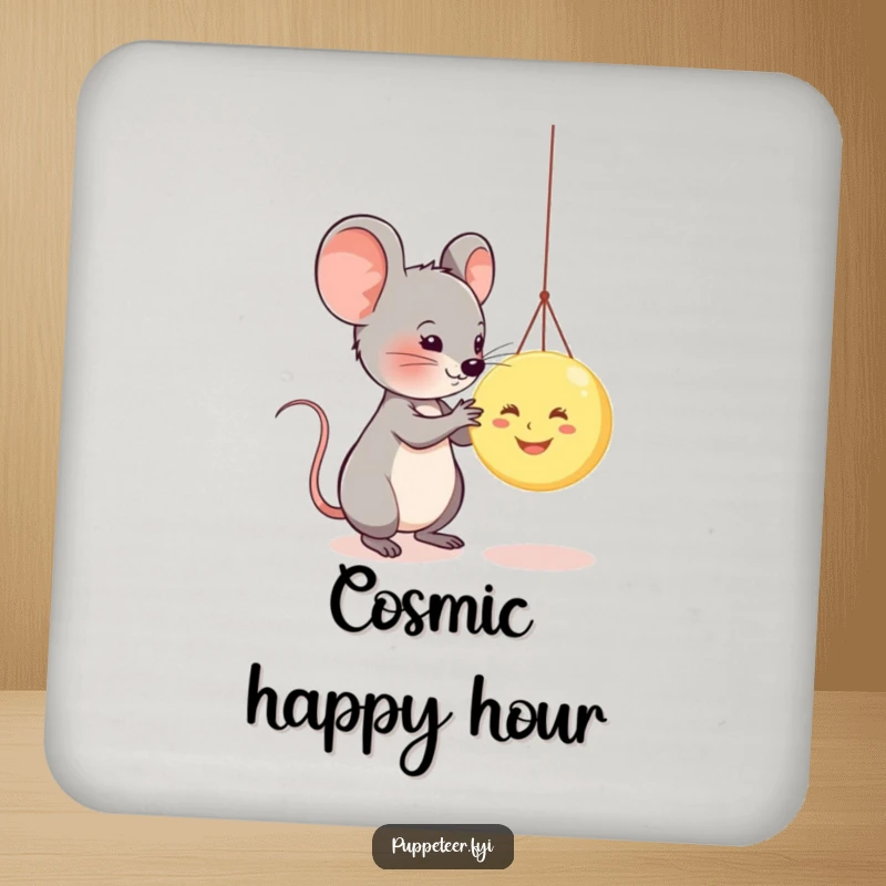 Funny drink coasters featuring a mouse puppeteer and a smiling moon puppet, adding humor to any beverage setting.
