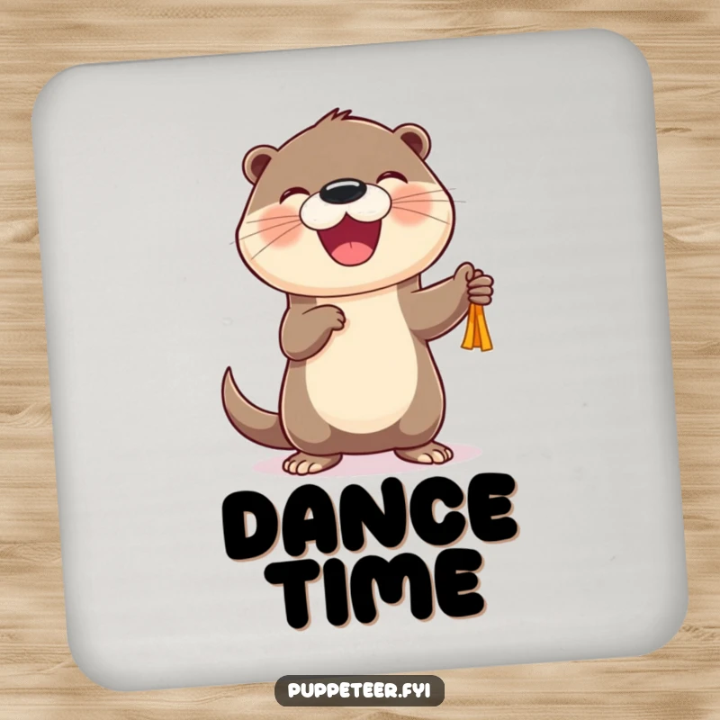Funny Otter Puppet Dancer Coaster featuring a cheerful otter joyfully animating a puppet, a humorous tabletop gift.