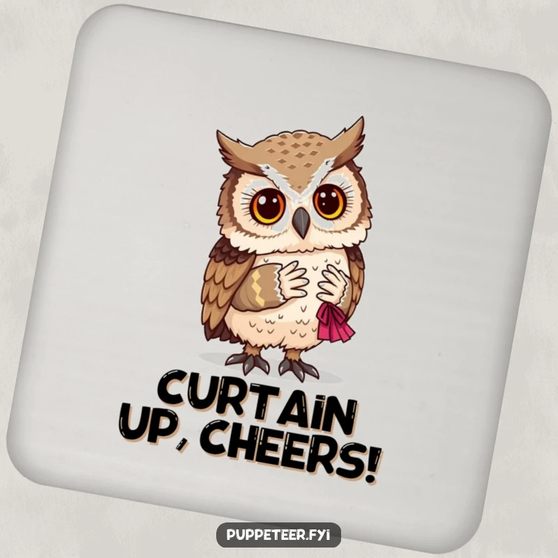 Funny wise owl observing a handcrafted puppet taking a bow, a humorous addition to any drink setup.