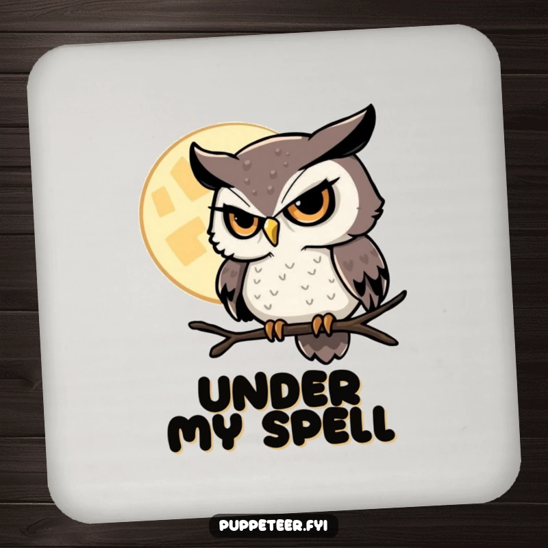 Funny Owl Drink Coaster with a sly owl controlling the moon, adding a magical and humorous touch to table settings.