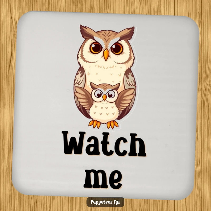 Funny owl coaster design of a wise owl watching a small owl puppet flap, protecting surfaces with a touch of humor.