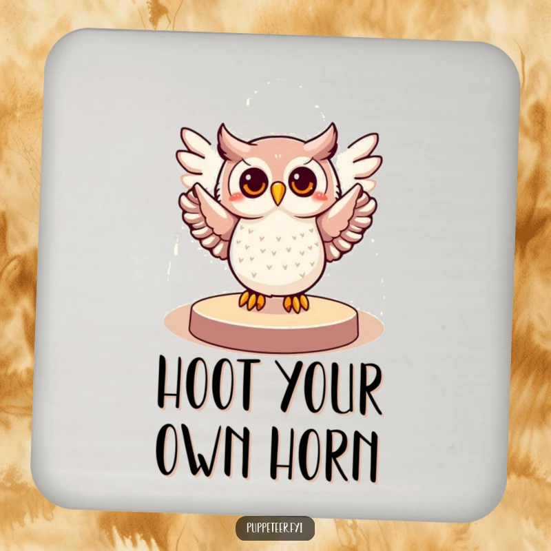 Funny drink coaster featuring a cheerful owl illuminated by a spotlight, its wings performing a grand gesture, protecting surfaces with humor.