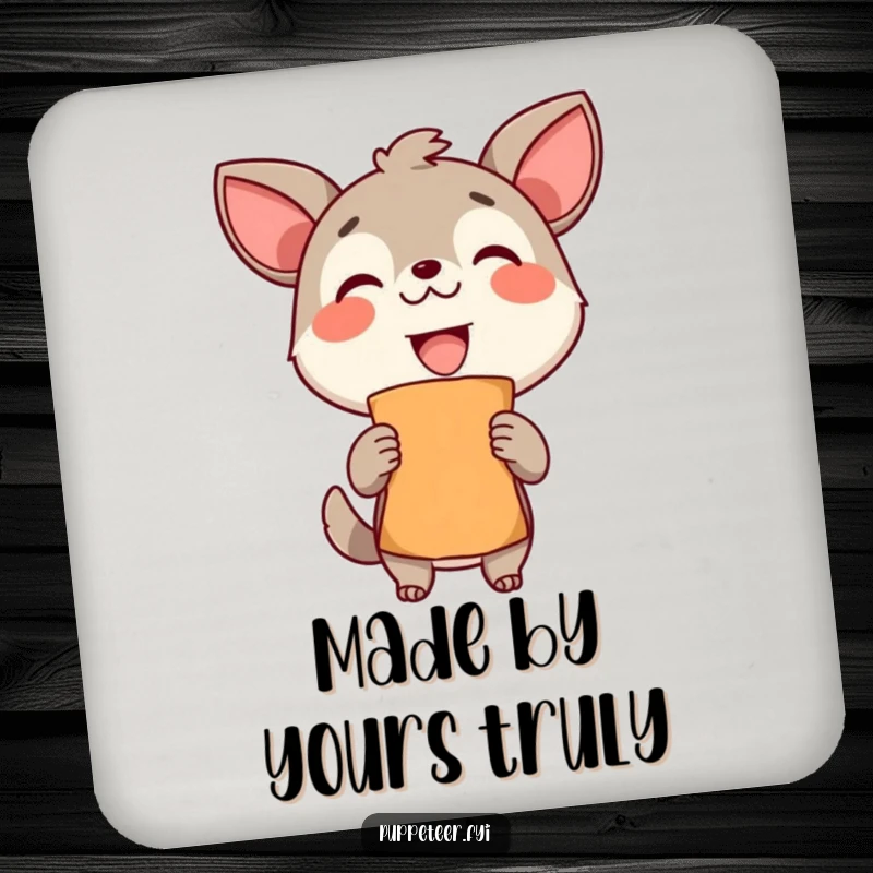 Funny Coaster: A delighted animal proudly holds a finished puppet, protecting your surfaces with creative flair.