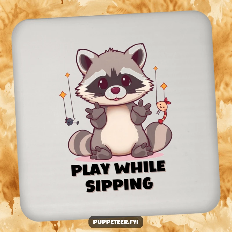 Funny coaster with a dexterous kawaii raccoon operating puppets, adding creativity and surface protection.