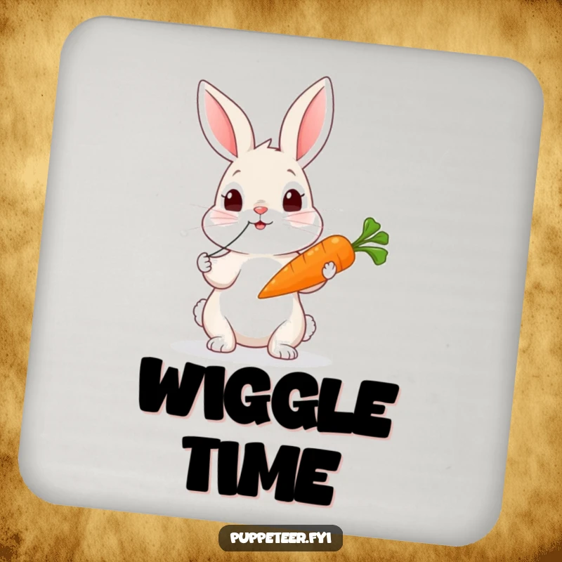 Funny rabbit coasters showing a curious rabbit tugging strings, making a carrot puppet wiggle with whimsical flair.
