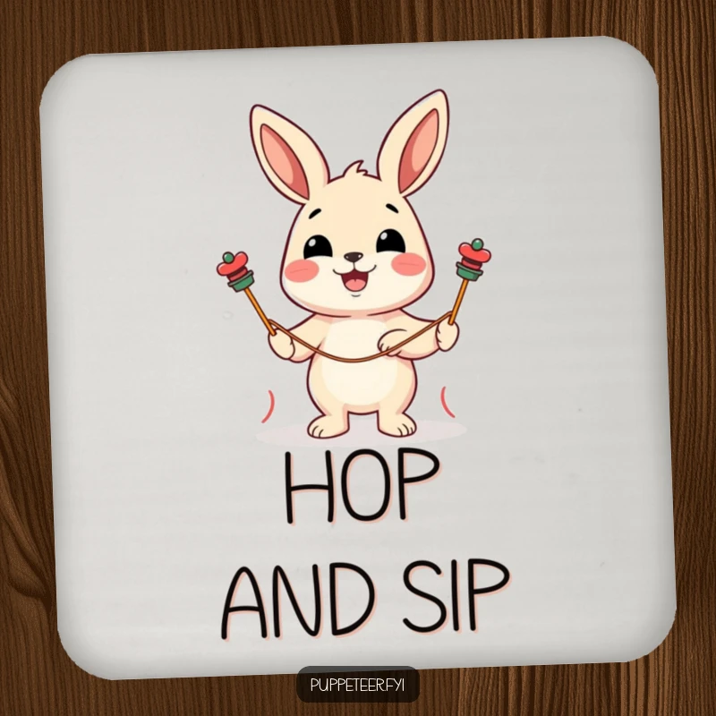 Funny drink coasters depicting a cheerful rabbit character guiding two string puppets with a delighted expression, charming table protection.