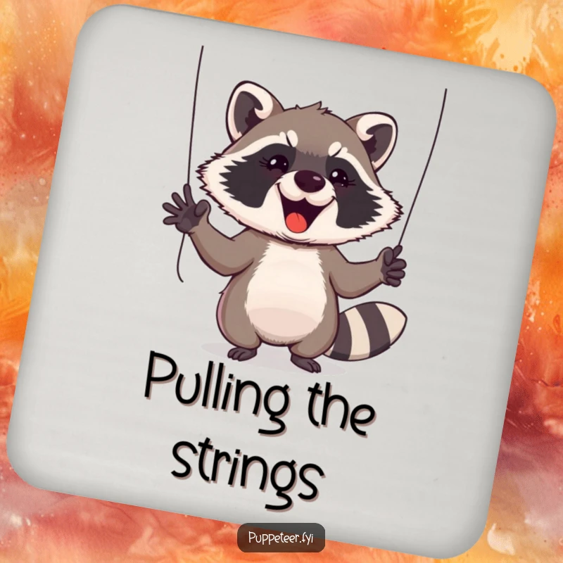 Funny Raccoon Coaster: Cheeky raccoon enthusiastically gestures with puppet-control strings, adding humor to drink service.