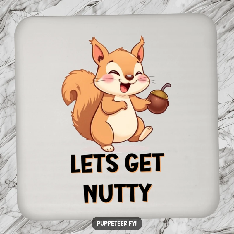 Funny squirrel coaster depicting a giggling squirrel making a nut puppet hop, perfect for protecting surfaces with humor.