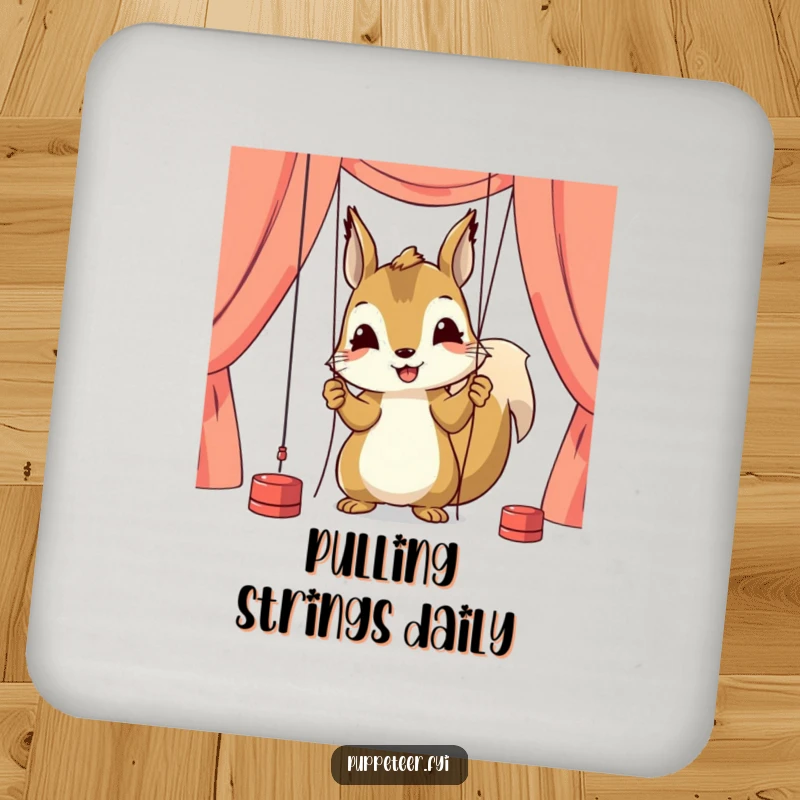 Funny drink coaster with a happy squirrel character carefully adjusting puppet strings, symbolizing focus and protecting surfaces.