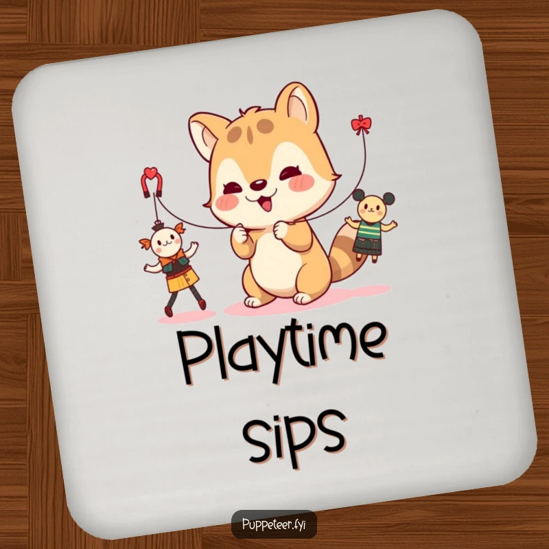 Funny drink coasters with a cute animal character manipulating strings for dancing toys, protecting surfaces with playful charm.