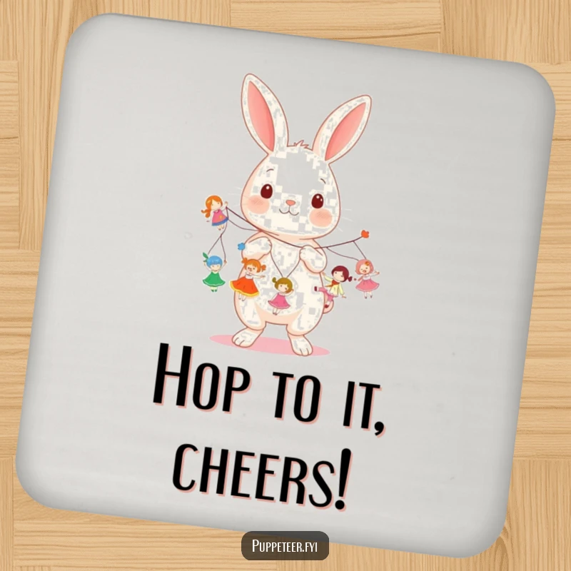 Funny kawaii rabbit holding multiple strings, making small dolls dance on a drink coaster, ideal for a funny gift.