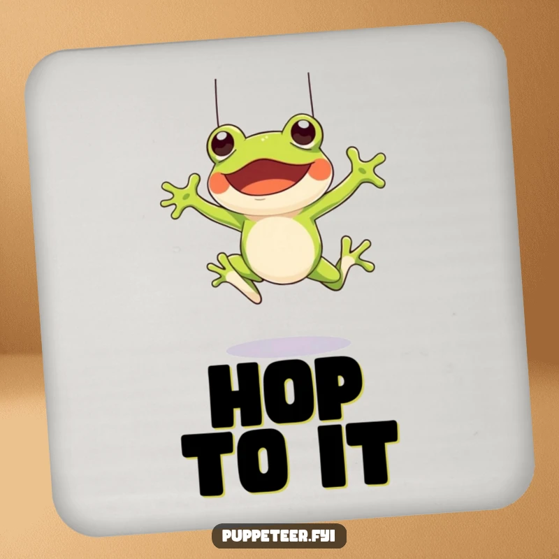 Funny drink coaster with a cheerful frog character leaping and controlling a frog puppet with strings, adding playful flair to tabletops.