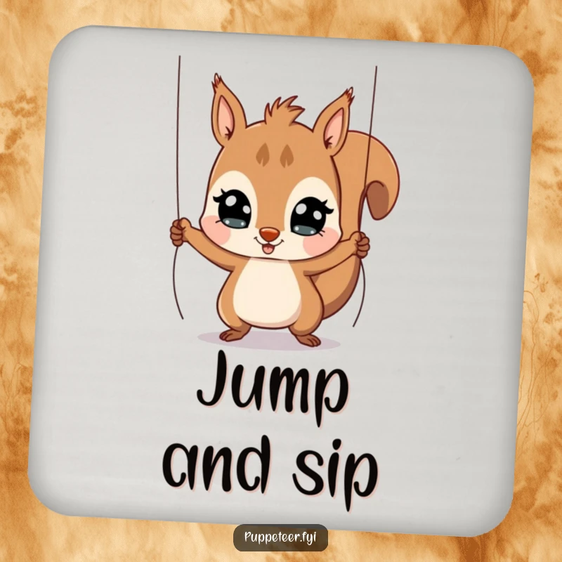 Funny Squirrel Puppet Master Coaster featuring a playful squirrel pulling strings to make a puppet jump, a humorous tabletop gift.