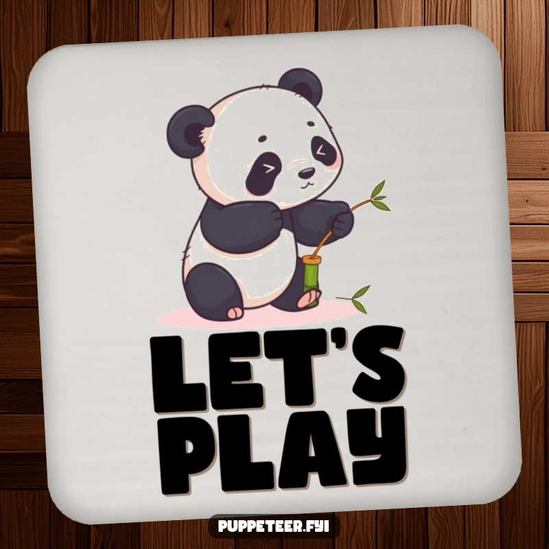 Funny panda coaster design of a playful panda using sticks to animate a bamboo puppet, protecting surfaces with humor.
