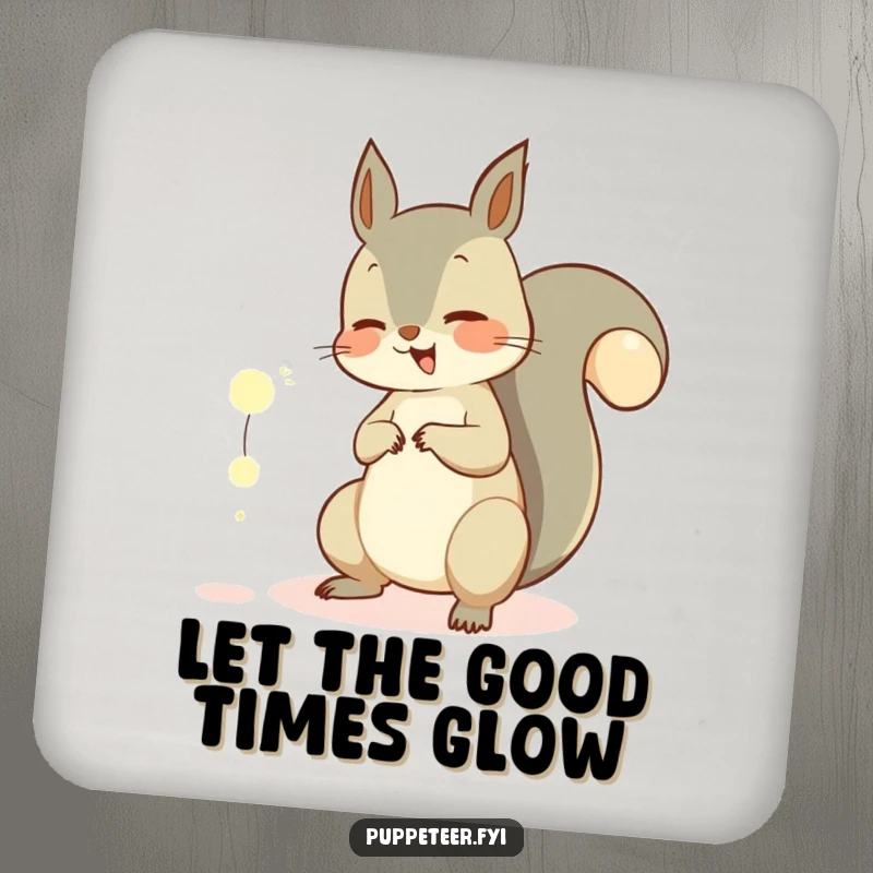 Funny drink coaster depicting a giggling squirrel using its tail to manipulate glowing orbs, adding magical humor to tabletops.