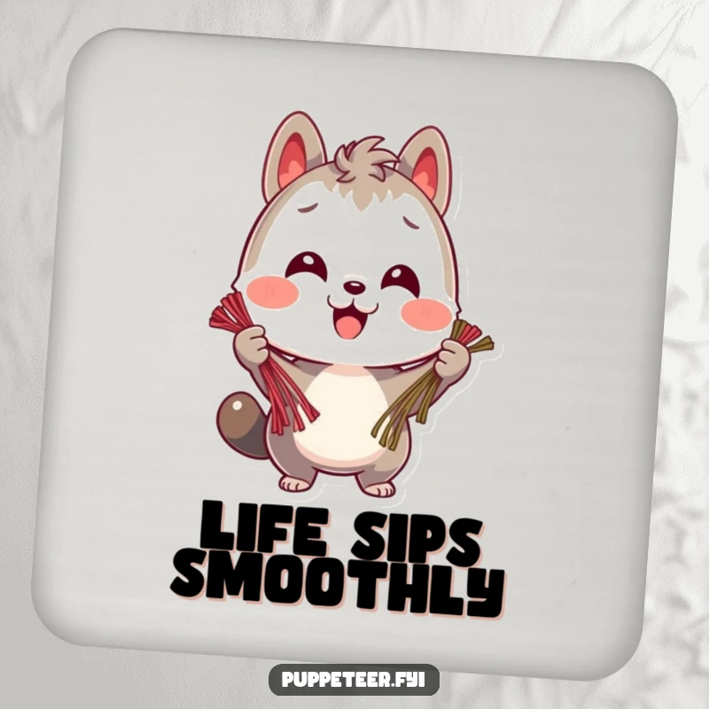 Funny drink coasters with a cheerful animal character holding multiple strings, protecting surfaces with organized, happy efficiency.