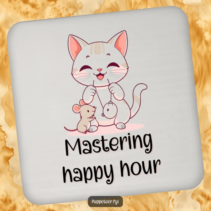 Funny cat drink coasters featuring a happy cat manipulating strings, making a small mouse toy jump, protecting surfaces with humor.