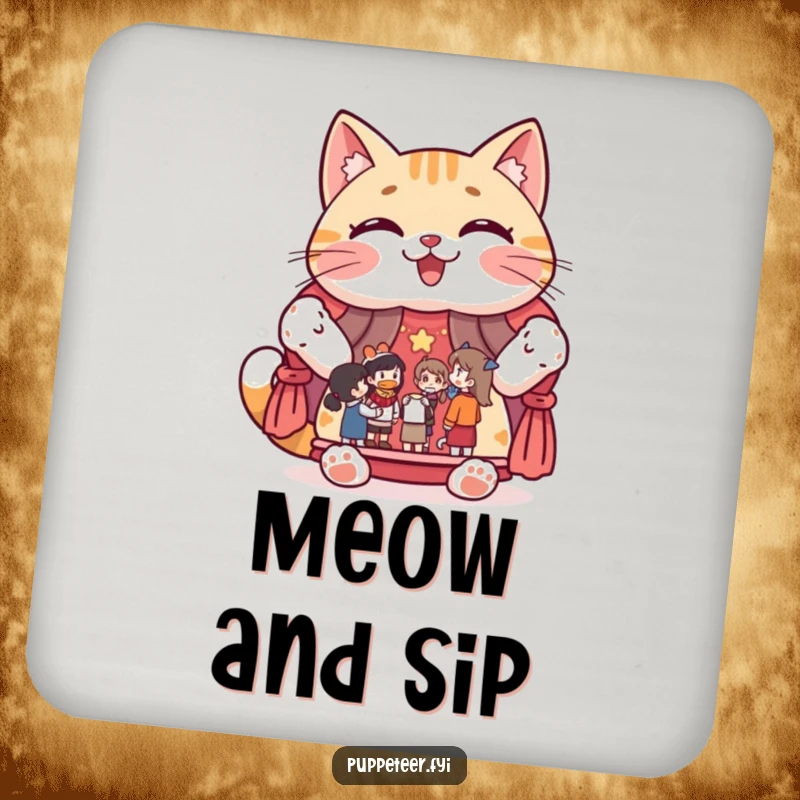 Funny drink coasters depicting a giggling cat character proudly displaying a puppet show stage with figures, charming table protection.