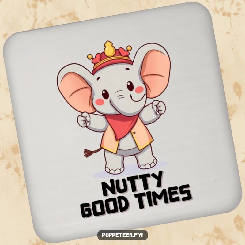 Funny drink coasters featuring a cheerful elephant puppet master leading a peanut puppet in a proud march, protecting tables with style and humor.