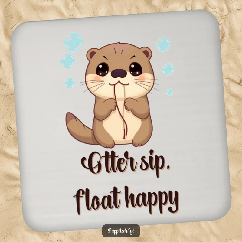 Funny drink coaster featuring a curious otter holding bubble strings, perfect for adding whimsical protection to your surfaces.