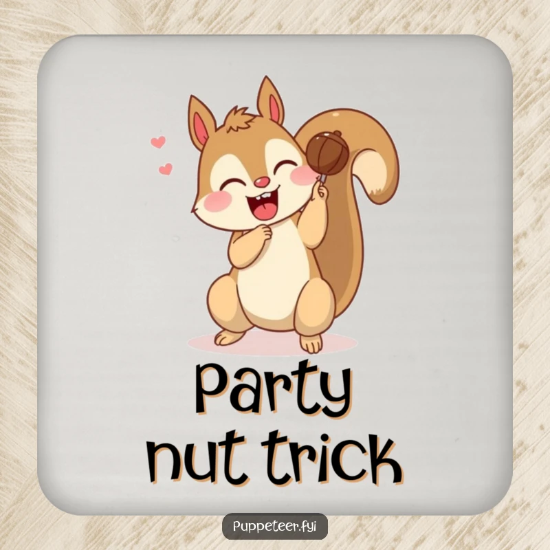 Funny drink coaster featuring a giggling squirrel making a nut puppet do a somersault, protecting surfaces with a playful design.