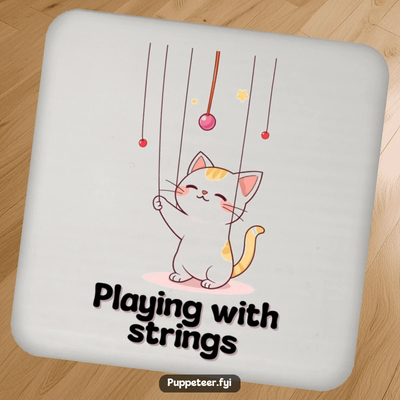 Funny Kawaii cat batting playfully at puppet strings in the air coasters, providing a humorous and protective barrier against drink spills with feline flair.