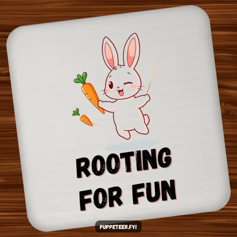 Funny drink coaster featuring a winking rabbit puppet master making a carrot puppet dance, protecting surfaces with a whimsical design.