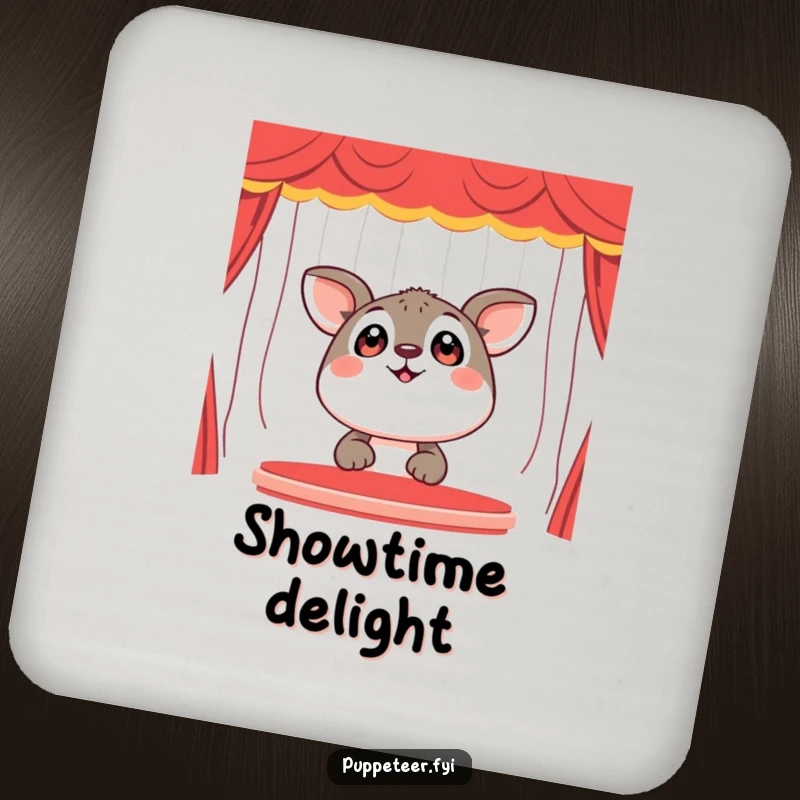 Funny Coaster: A happy animal with wide eyes watches a puppet show, protecting your surfaces with delightful wonder.