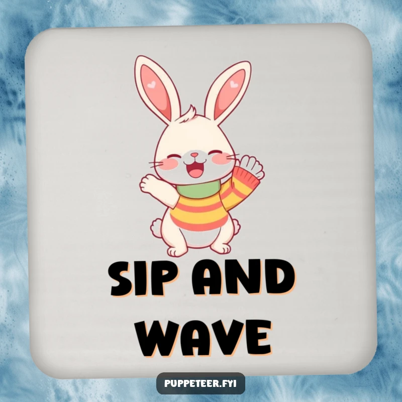 Funny Drink Coaster featuring a giggling rabbit and a sock puppet waving, offering surface protection with a humorous and cheerful design.