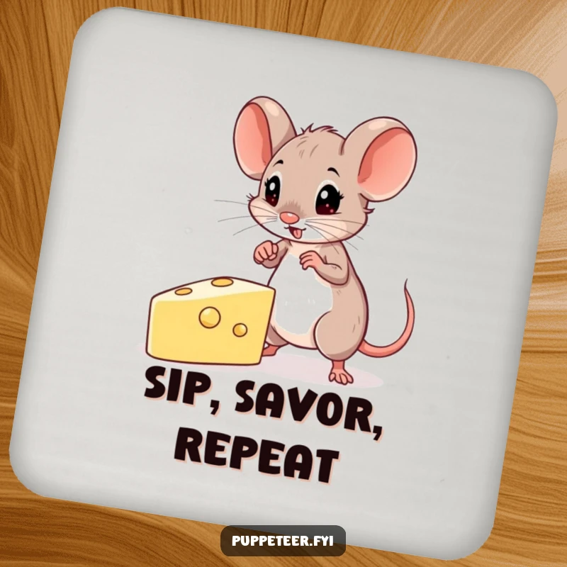 Funny Mouse Drink Coaster with a determined mouse guiding a cheese-shaped puppet, adding a skillful and humorous touch.