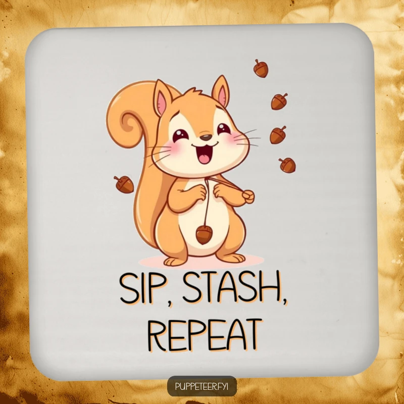 Funny Squirrel Drink Coaster with a cheerful squirrel making acorns fly, adding a playful and humorous touch.