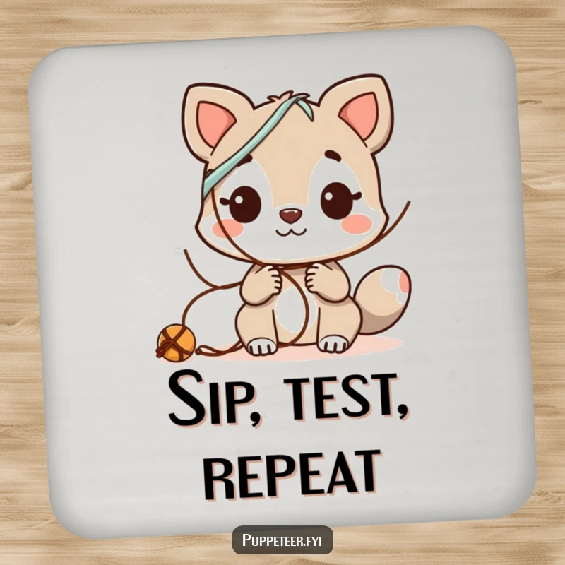 Funny Coaster: Curious animal character experimenting with string combinations, protecting surfaces with humor.