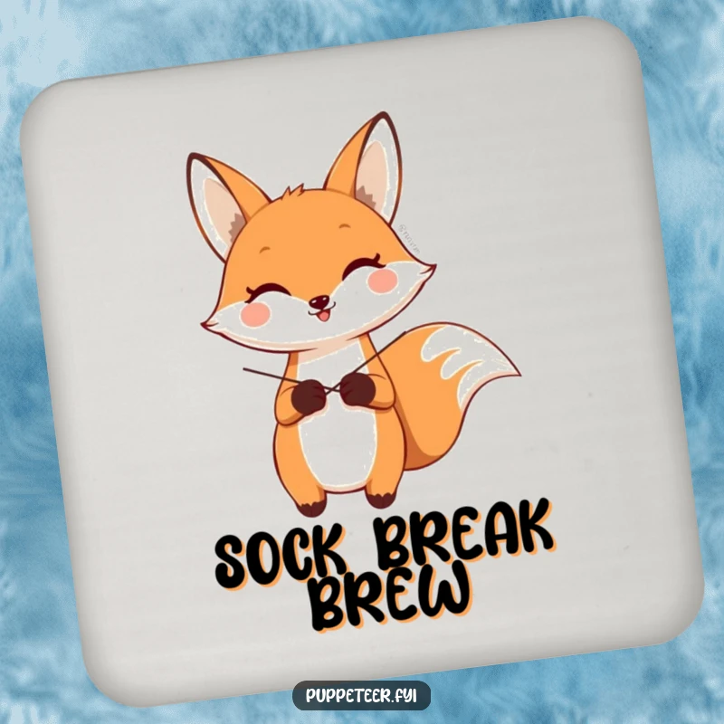 Funny drink coasters depicting a happy fox character making a sock puppet wave, adding playful charm to any table.