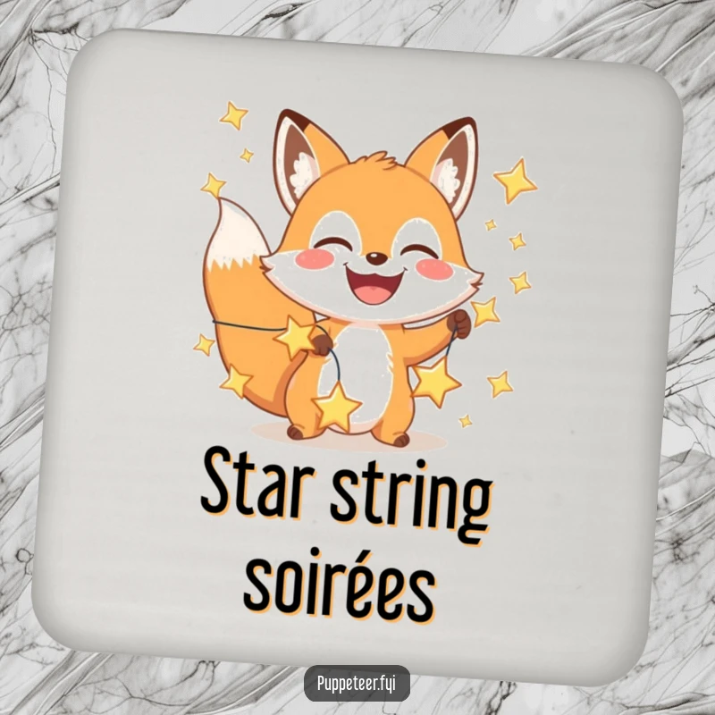 Funny happy fox coasters with a wide grin manipulating a string of glowing stars, stylish protection for tabletops.