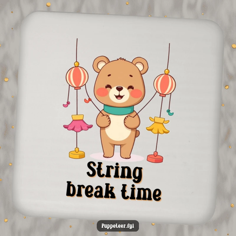 Funny drink coasters featuring a smiling bear character manipulating strings attached to dancing puppets, adding humor to any table.