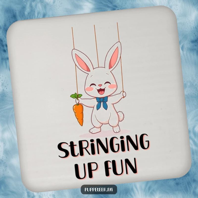 Funny bunny puppet master coasters showing a cute rabbit puppet master making a carrot dance on a string, protecting surfaces with style.