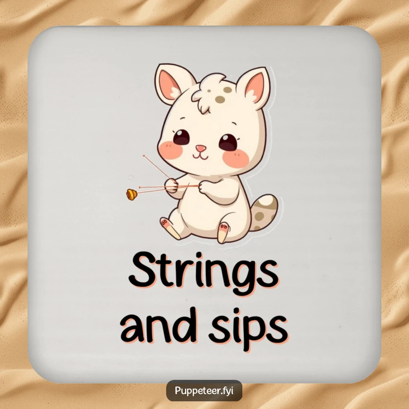 Funny Coaster: Cheerful animal character concentrating on puppet strings, protecting surfaces with a humorous, artistic flair.