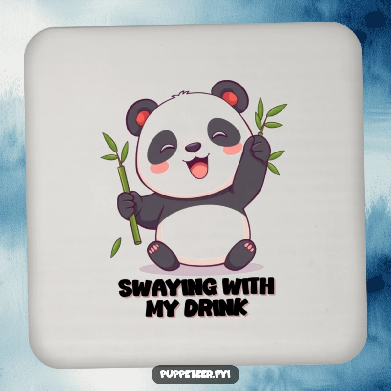 Funny Panda Drink Coaster with a playful panda making a bamboo stalk puppet sway, adding a cute and humorous touch.
