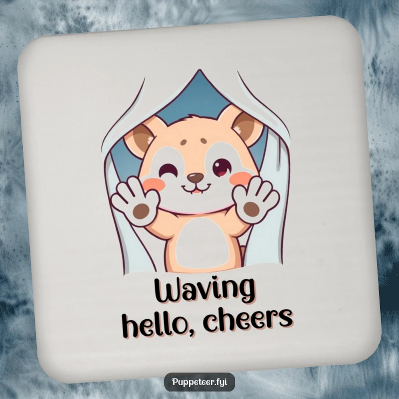 Funny Coaster: Mischievous animal character hiding behind a curtain, waving puppet hands, protecting surfaces with humor.