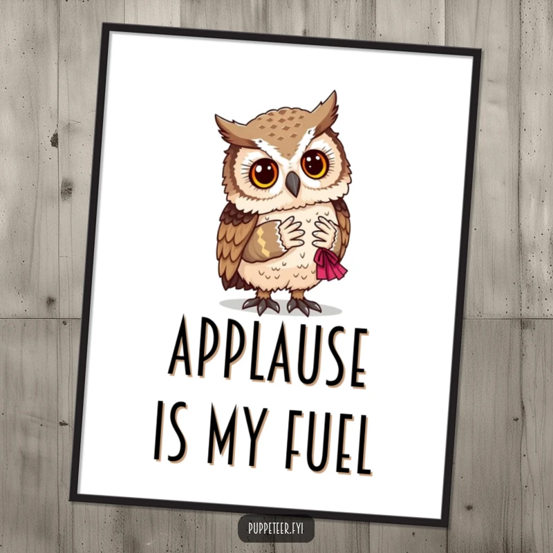 Funny wise owl peering down as a charming, handcrafted puppet takes an appreciative bow.
