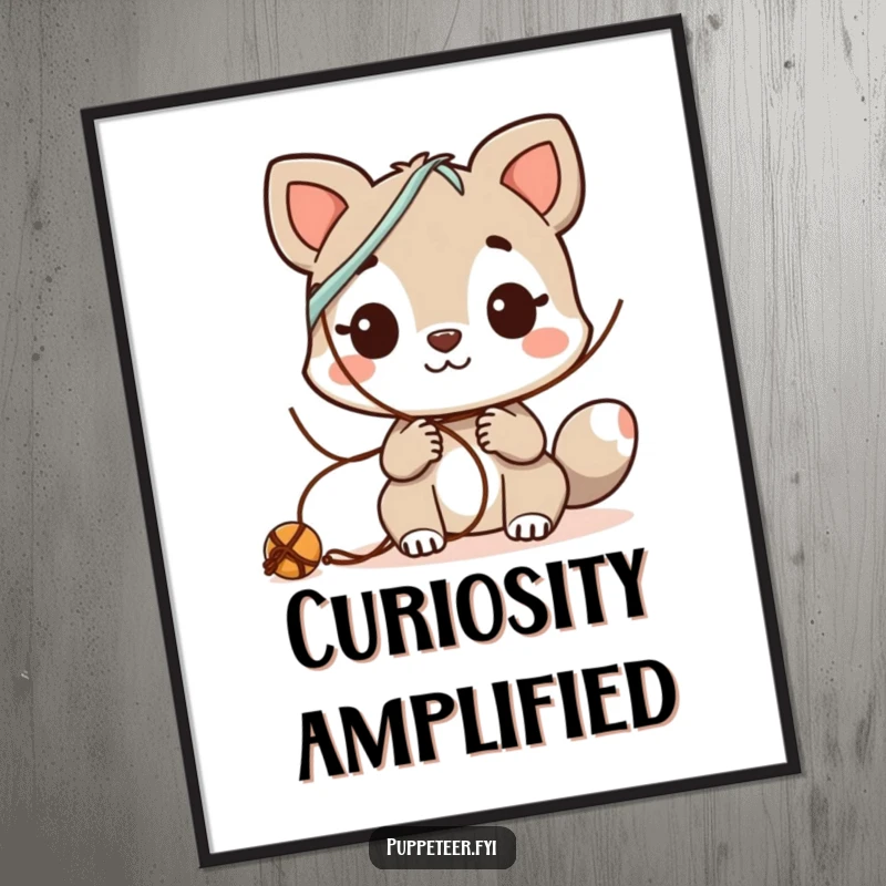 Funny Poster: Curious animal character intently experimenting with diverse string combinations, a humorous art piece.