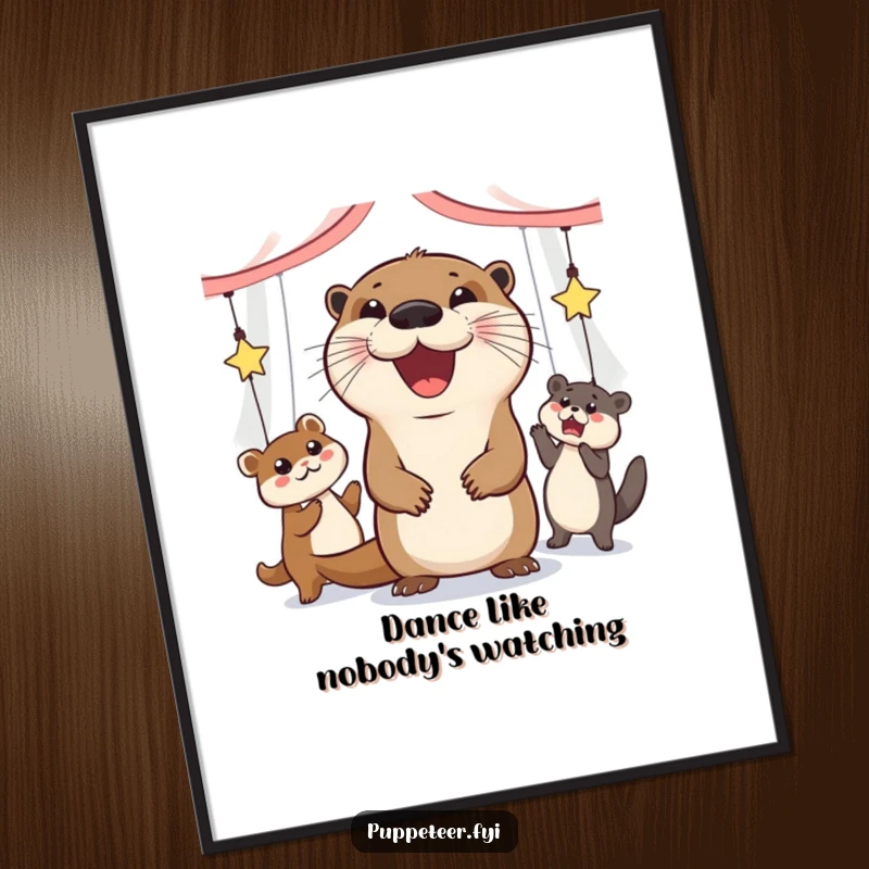 Funny poster art of a jolly otter with a wide grin, directing puppets in a dance.
