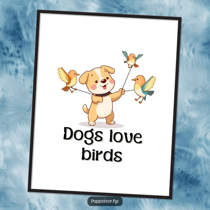 Funny poster illustrating a playful dog character pulling strings to make bird puppets flap their wings, lively and amusing art.